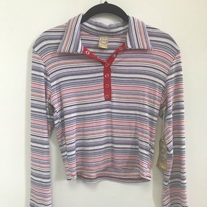 Snap polo yarn dyed strip knit top